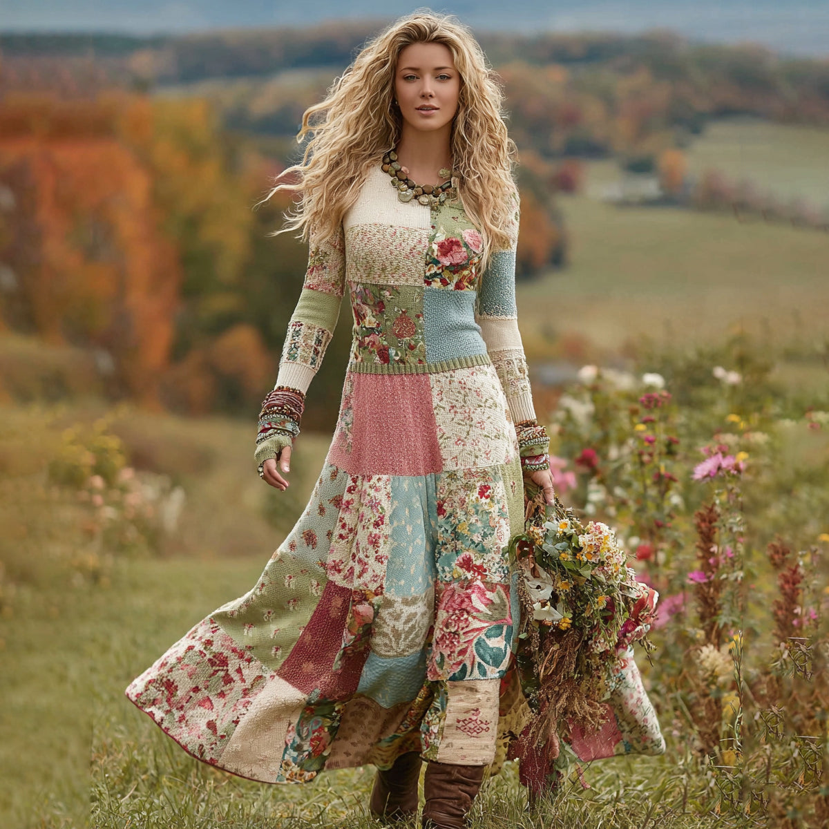 Women's Vintage Patchwork Floral Art Cozy Knit Maxi Sweater Dress artswardrobe