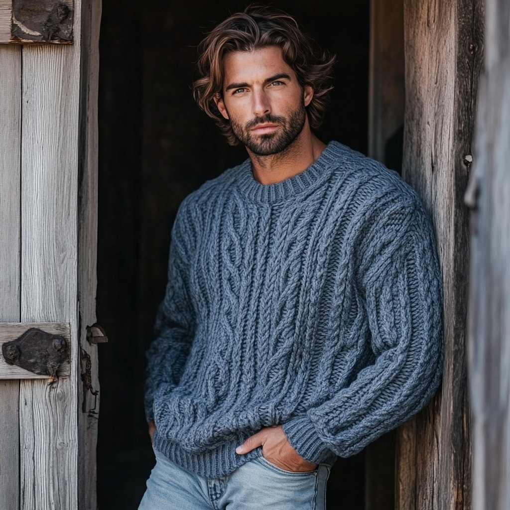 Men'S Burlap Jacquard Crew Neck Aran Sweater artswardrobe