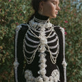 Comstylish White Roses Skeleton Pearls Beaded Lace Art Turtleneck Sweater