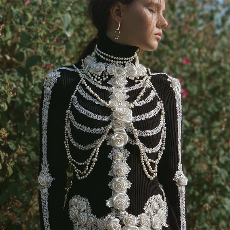 Comstylish White Roses Skeleton Pearls Beaded Lace Art Turtleneck Sweater