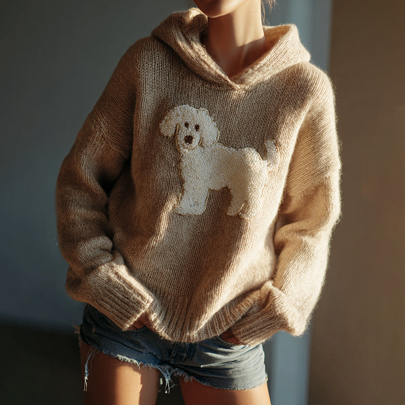 Classic Fuzzy Poodle Dog Felt Cozy Knit Hooded Sweater artswardrobe
