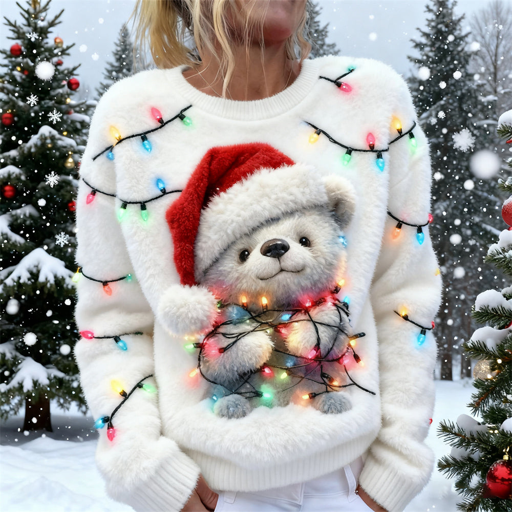 Comstylish Christmas Lights Bear Women's Soft Plush Sweater