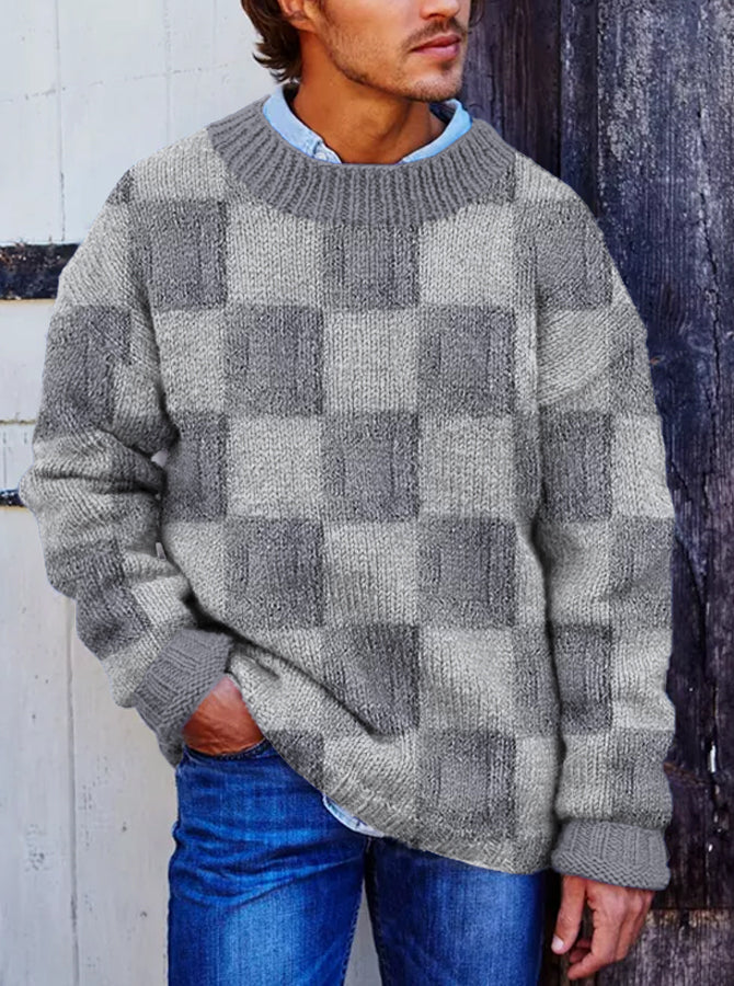 Vegan Mock Minimalist Knit Pullover Sustainable Plaid Patchwork Warmth Knitted Jacquard Unisex Sweater artswardrobe