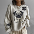 Comstylish Lovely Cute Pug And Paws Embroidery Art Loose Cozy Knit Sweater