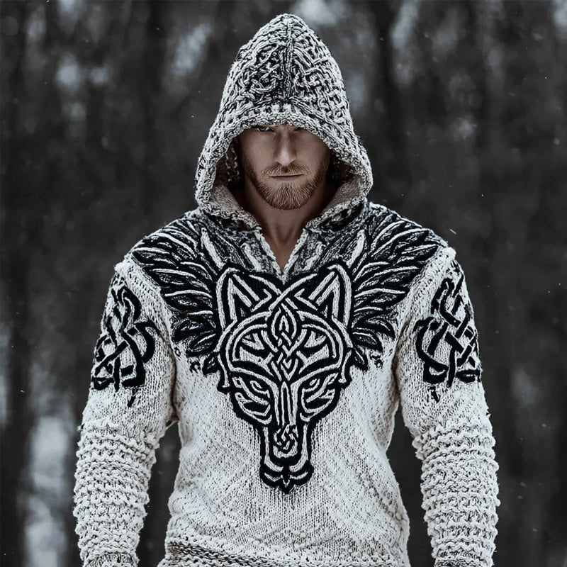 Men's Viking Celtic Wolf Inspired Cozy Knit Hooded Sweater elevenforest