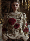 Comstylish Antique Halloween Spider Silk And Red Rose Rice White Round Neck Sweater