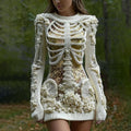 Comstylish Women's Vintage Halloween Skeleton Bones With Glitter And Rose Art Cozy Knit Mini Sweater Dress