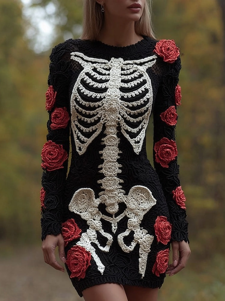Comstylish Classy Skeleton Roses Crochet Art Sweater Dress