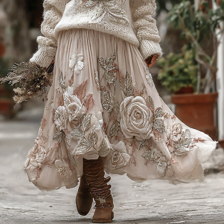 Vintage Rose In White Art Cozy Knit Turtleneck Sweater And Linen Skirt Two-piece Set artswardrobe