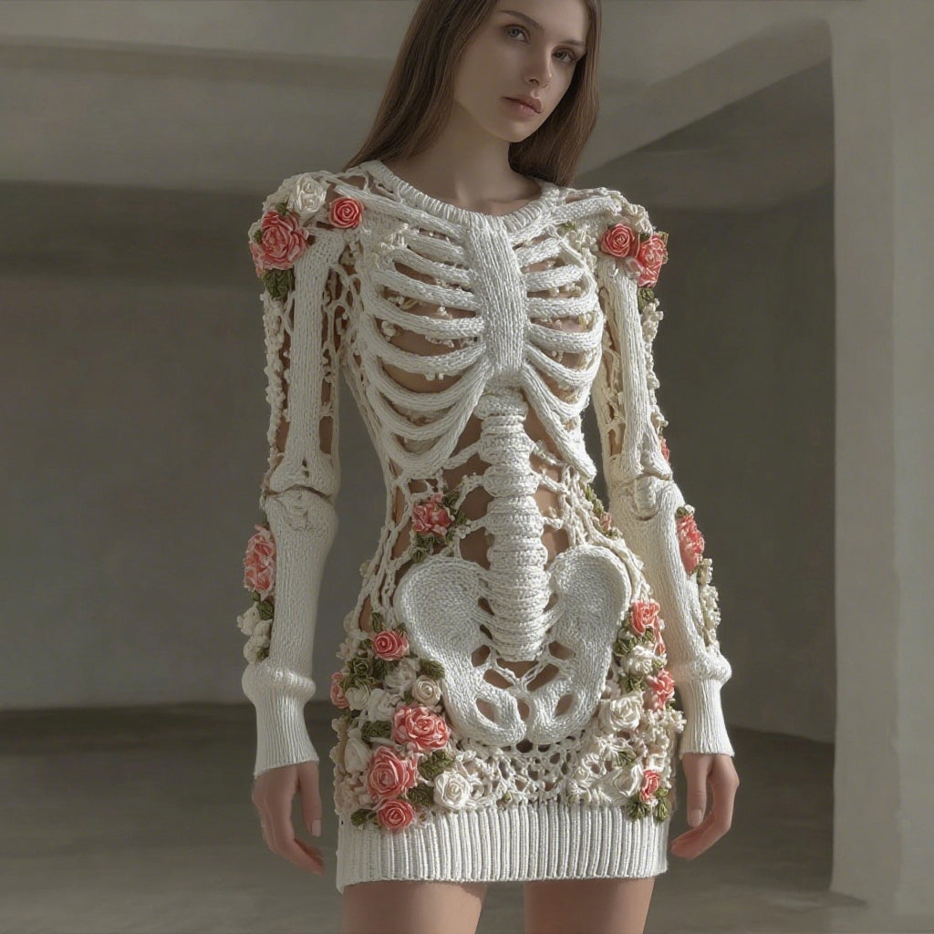 Comstylish Women's Vintage Skull Pink Rose Crochet Comfort Knit Sweater Dress