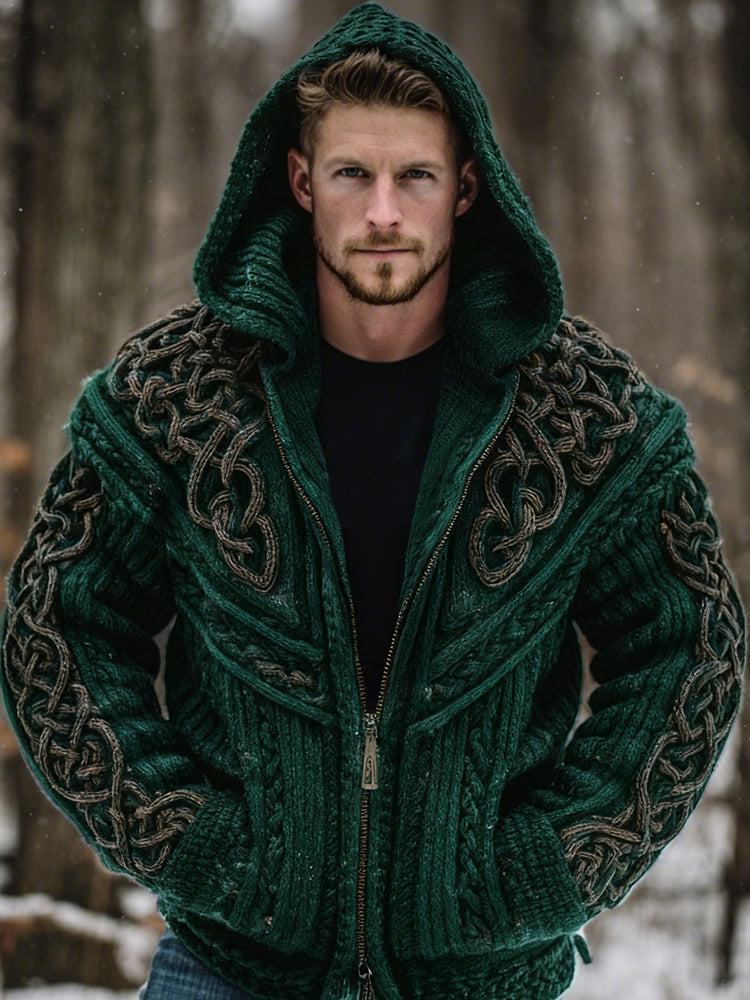 Men's Vintage Viking Celtic Knot Art Chunky Knit Hooded Zip-up Sweater artswardrobe