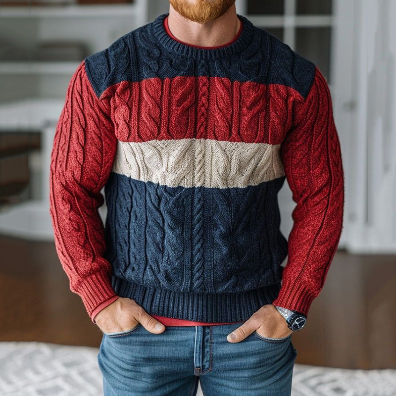 Vintage Classic Color Matching Thick Needle Cable Crew Neck Sweater artswardrobe