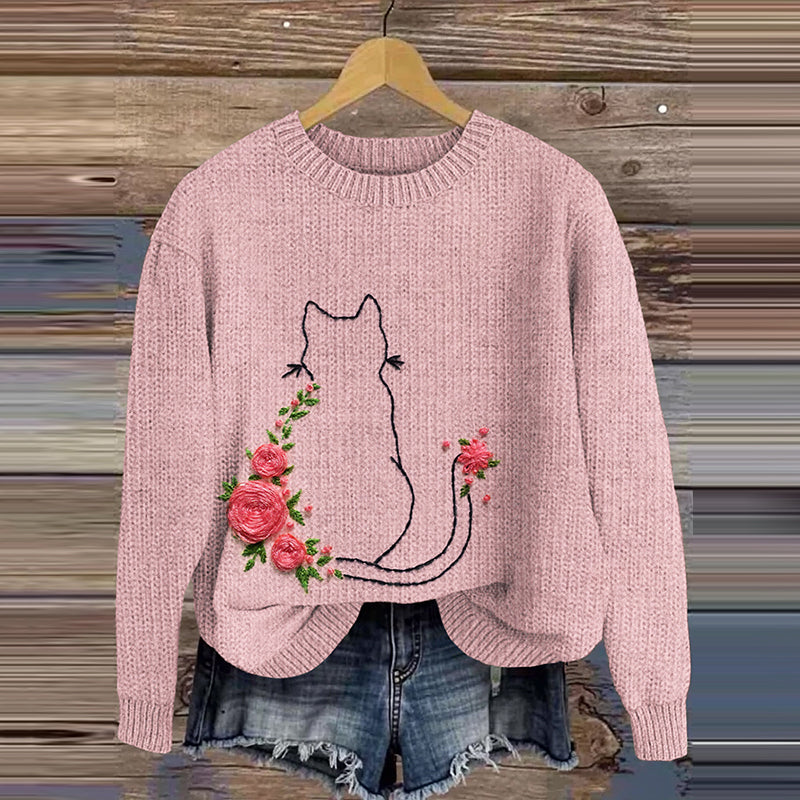 Women's Cat Floral Embroidery Art Knitted Casual Sweater elevenforest