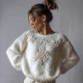Classy Snowflakes Pearls Beaded Cozy Fuzzy Knit Sweater