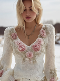 Bohemian Style Winter Rose Women's V-neck Knitted Sweater artswardrobe