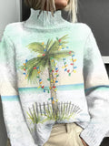 Comstylish Retro Christmas Watercolor Palm Tree Print Sweater