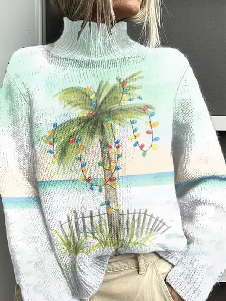 Comstylish Retro Christmas Watercolor Palm Tree Print Sweater