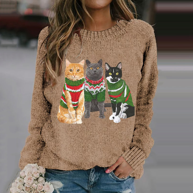 Christmas Cat Print Cozy Knit Sweater elevenforest