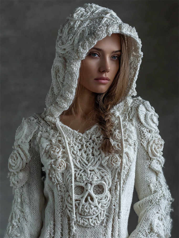 Vintage White Roses Viking Celtic Skull Hooded Cozy Knit Sweater artswardrobe