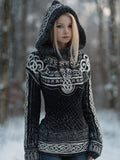 Comstylish Women's Viking Style Celtic Knot Black And White Gradient Hooded Sweater