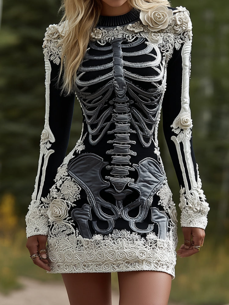Comstylish Women's Halloween Skeleton Bones Leather With Rose Pattern Art Hot Sexy Style Cozy Knit Mini Sweater Dress