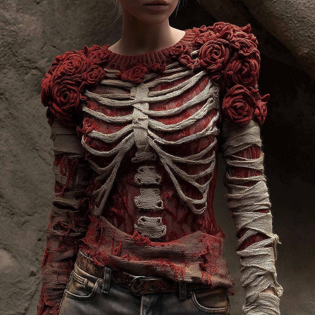 Comstylish Women's Halloween Anatomical Bandage Rose Art Cozy Knit Sweater