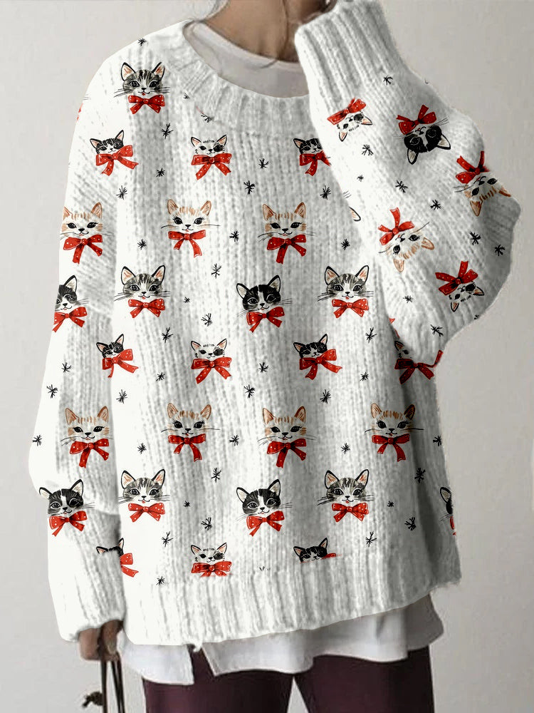 Cute Christmas Cat Pattern Cozy Knit Sweater elevenforest