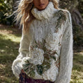 Women's Vintage White Rose Knitted Warm Turtleneck Sweater