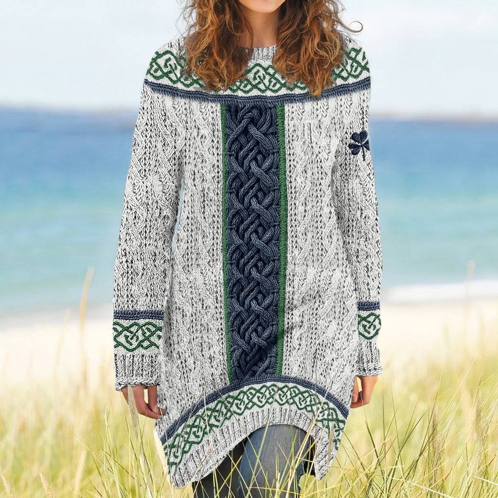 Women's Irish Celtic Knotted Shamrock Contrast Jacquard Sweater Dress artswardrobe