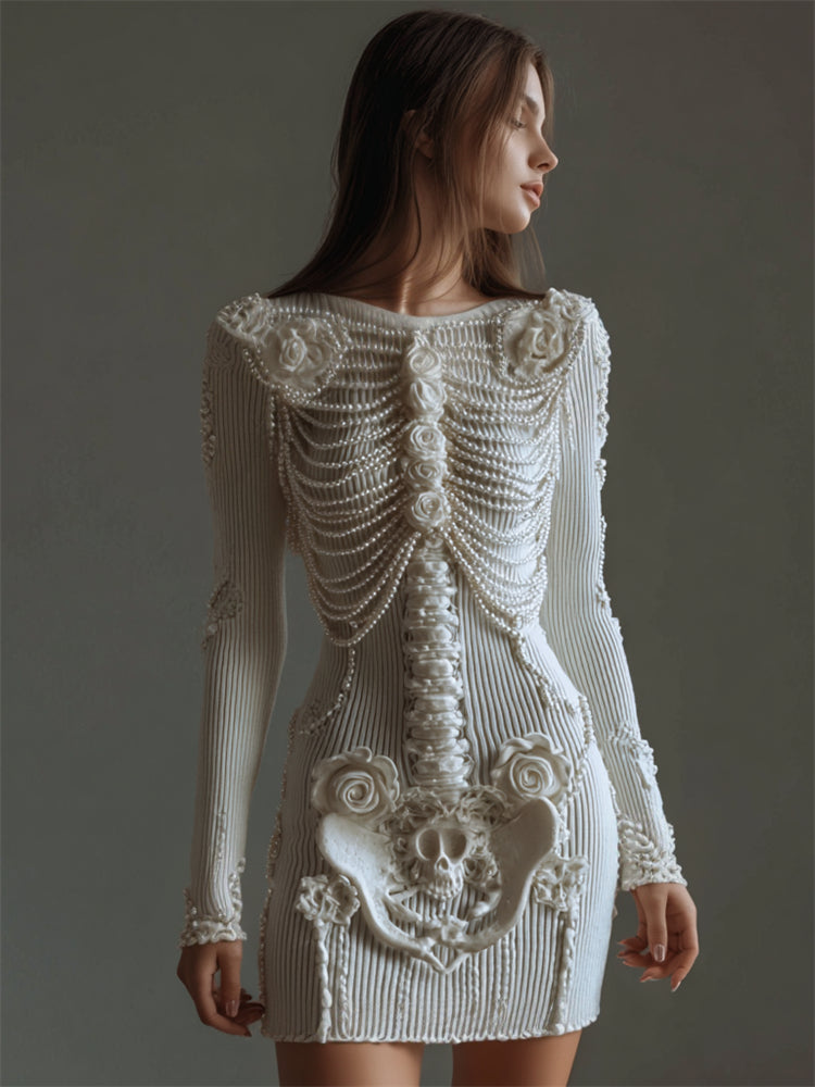 Comstylish Classy Roses Skeleton Pearls Beaded Cozy Knit Sweater Dress