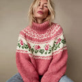 Vintage Pink Floral Fair Isle Pattern Turtleneck Sweater artswardrobe